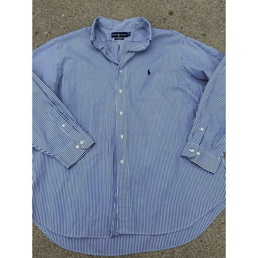 Ralph Lauren Shirt Men's Size 34/35 18 Blue Button Striped Long Sleeve Cotton